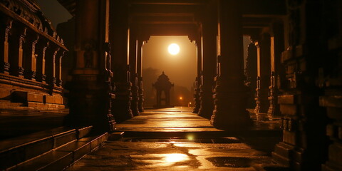 ancient stone, megaliths, dolmens, obelisks, menhirs  At night in the Virupaksha Temple Under the light _002
