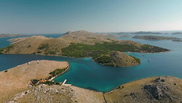 Panoramic drone view of Telascica National Park, Dugi Otok island with cliffs and bay in Croatia