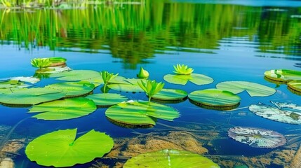   A cluster of water lilies bobbing on a serene lake beside verdant tall grasses