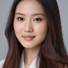 Obraz premium Pretty Asian beauty woman long hair with japanese makeup glowing face and healthy facial skin portrait smile on isolated light grey background