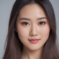 Obraz premium Pretty Asian beauty woman long hair with japanese makeup glowing face and healthy facial skin portrait smile on isolated light grey background
