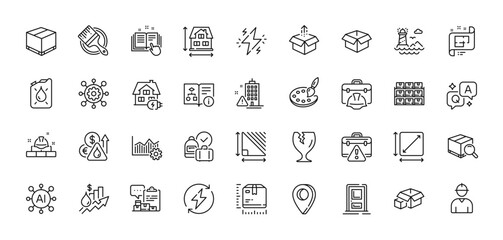 Send box, Warning briefcase and Search package line icons pack. AI, Question and Answer, Map pin icons. Framework, Palette, Opened box web icon. Vector