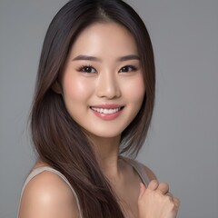 Fototapeta premium Pretty Asian beauty woman long hair with japanese makeup glowing face and healthy facial skin portrait smile on isolated light grey background