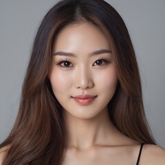 Fototapeta premium Pretty Asian beauty woman long hair with japanese makeup glowing face and healthy facial skin portrait smile on isolated light grey background