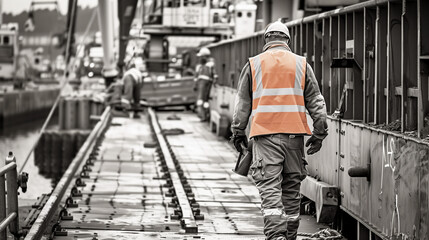 Arbeiter in Warnweste steht am Frachthafen 
