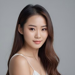 Naklejka premium Pretty Asian beauty woman long hair with japanese makeup glowing face and healthy facial skin portrait smile on isolated light grey background