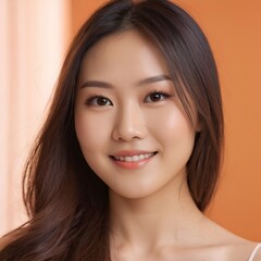 Fototapeta premium Pretty Asian beauty woman long hair with japanese makeup glowing face and healthy facial skin portrait smile on isolated light orange background