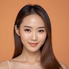 Fototapeta premium Pretty Asian beauty woman long hair with japanese makeup glowing face and healthy facial skin portrait smile on isolated light orange background