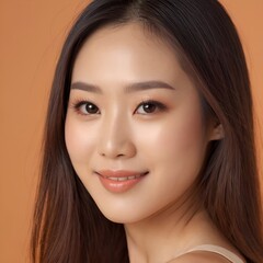 Obraz premium Pretty Asian beauty woman long hair with japanese makeup glowing face and healthy facial skin portrait smile on isolated light orange background