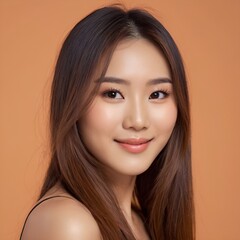 Obraz premium Pretty Asian beauty woman long hair with japanese makeup glowing face and healthy facial skin portrait smile on isolated light orange background