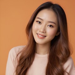 Fototapeta premium Pretty Asian beauty woman long hair with japanese makeup glowing face and healthy facial skin portrait smile on isolated light orange background