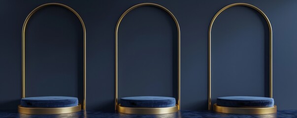 Elegant blue background with three gold arches and platforms