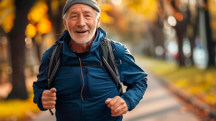 An elderly man smiles brightly while jogging on a paved path in a park. He is wearing a blue jacket, grey beanie, and backpack. The background is blurry, with autumn leaves and trees