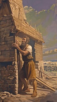 Noah constructing the ark from Genesis 6:14&ndash;22. 4k video in smart phone 9:16 aspect ratio for prayer meme.