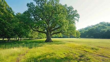 Obraz premium A tree occupies center stage on a grassy field, surrounded by paths and distant foliage
