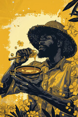 Fototapeta premium An illustrated portrait of a Black beekeeper wearing a straw hat, sampling honey from a dipper. The beekeeper is surrounded by vibrant yellow flowers and a golden background