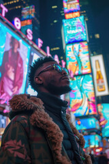 Obraz premium A man in sunglasses and a patterned jacket looks upwards at brightly lit billboards in Times Square at night