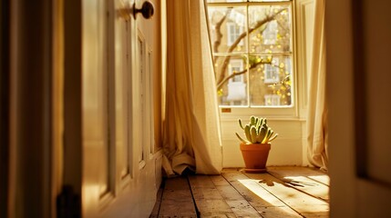   A potted plant sits on a wooden floor beneath a window with draped sills