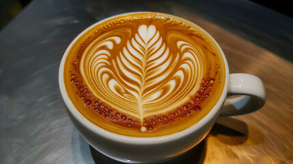 A coffee mug with an intricately made pattern on the foam, which adds unique charm and elegance to this favorite morning drink.