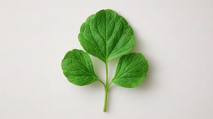   A green leaf on a white background with water droplets on the foliage and a single droplet of water at its tip