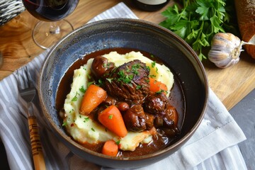 Beef Bourguignon with mashed potatoes burgundy wine and parsley