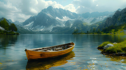 Obraz premium A serene nature glacial lake scene with a small boat gently floating on the water, surrounded by mountains