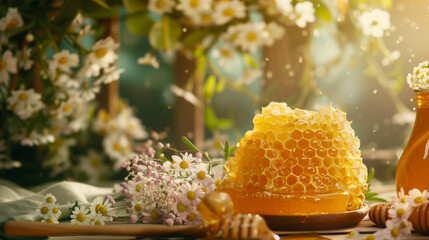 Sliced ​​honey along with flowers on the table, creating the image of a natural and nutritious snack that encourages a healthy lifestyle.
