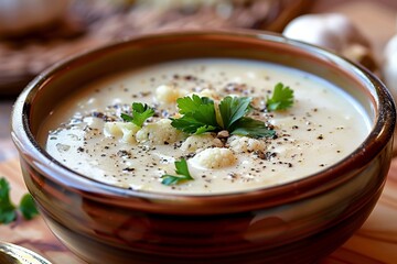 Cauliflower cream soup with black pepper and parsley