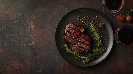 Fototapeta premium Grilled ribeye beef steak with red wine, herbs and spices. Top view 