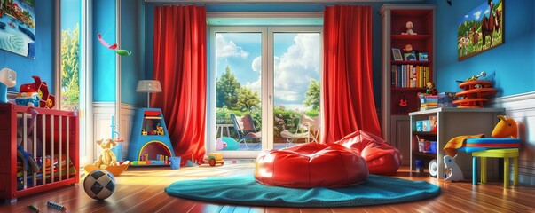 Obraz premium Illustrate a rear view of a childrens playroom Show a variety of toys, vibrant colors, and playful furniture, Make it look like a whimsical scene using digital techniques