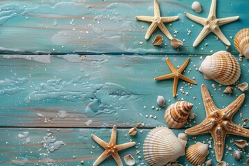 beach scene concept with sea shells and starfish on a blue wooden background 