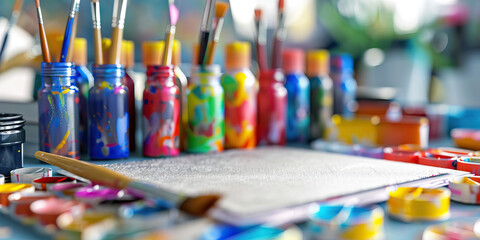 Obraz premium Fresh Start: A blank canvas desktop with colorful paints and brushes, symbolizing endless possibilities for creativity.