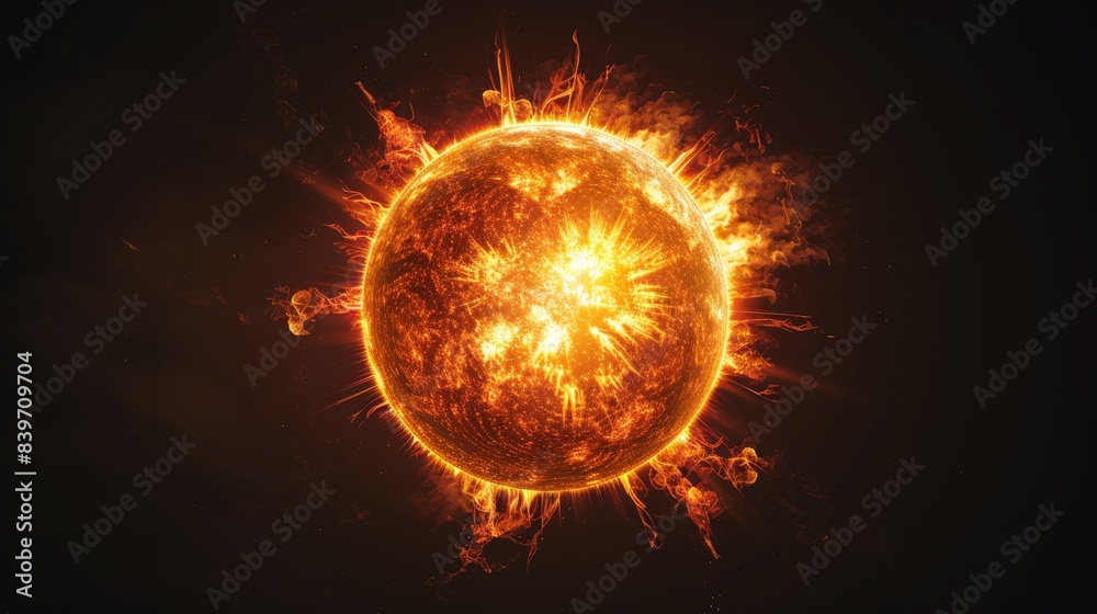 Poster fiery explosion on the sun's surface with intense solar flares and magnetic storms. capturing the dy