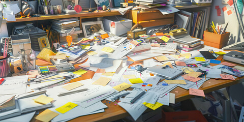 Organized Chaos: A messy desk covered in papers, notes, and various knickknacks, reflecting an artist's creative process. 