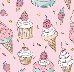 A whimsical doodle pattern of ice cream treats, with the designs placed in each corner of a pastel pink background
