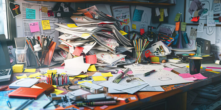Organized Chaos: A messy desk covered in papers, notes, and various knickknacks, reflecting an artist's creative process. 