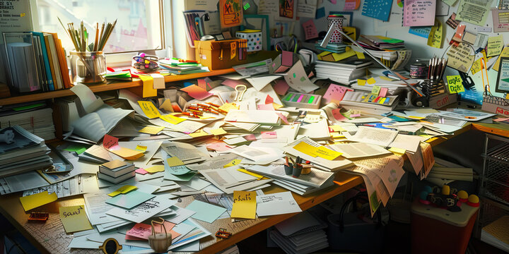 Organized Chaos: A messy desk covered in papers, notes, and various knickknacks, reflecting an artist's creative process. 
