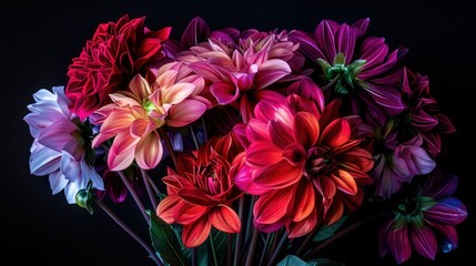 Obraz premium A close-up of a lush bouquet featuring various dahlias with vivid colors ranging from red to purple against a dark background