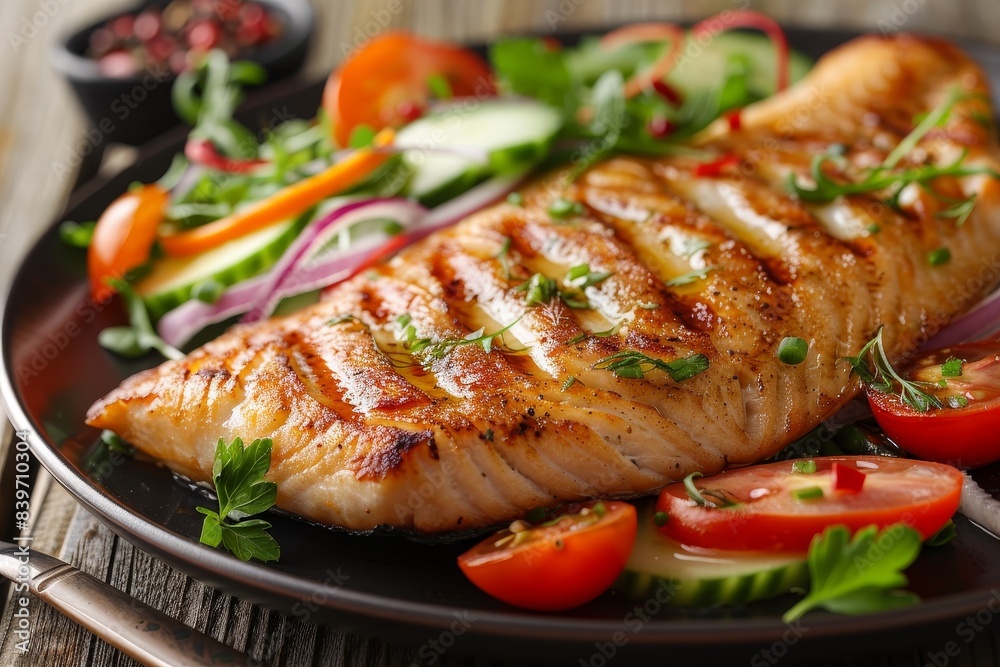 Canvas Prints close up horizontal photo of tilapia steak and fresh vegetable salad on plate