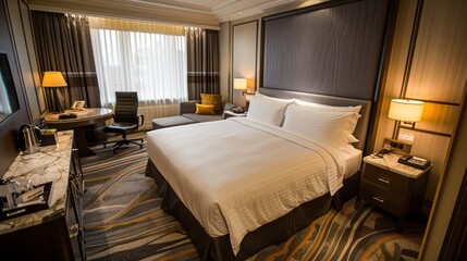 Elegant and refined hotel room featuring a large bed, work desk, sitting area, and ambient lighting for a comfortable stay