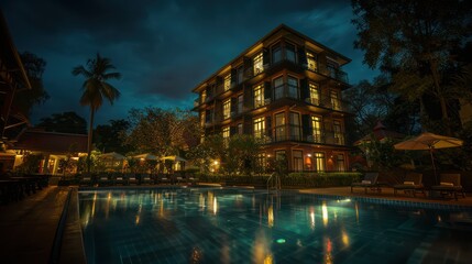 An exquisite hotel's exterior illuminated at dusk with a tranquil swimming pool in the foreground amid lush greenery