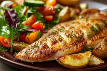 Close up of a plate with grilled tilapia fried potatoes and vegetable salad