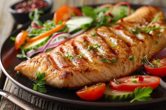 Close up horizontal photo of tilapia steak and fresh vegetable salad on plate