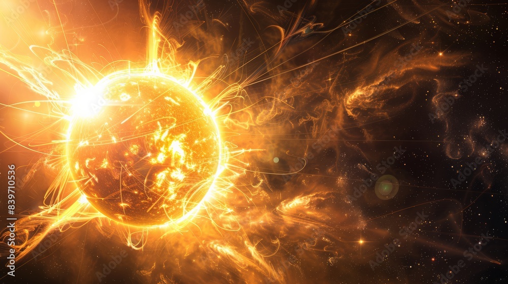 Poster Magnificent solar eruption with flares and magnetic storms in space. Captivating view of the sun's explosive activity and its impact on Earth's geomagnetic field