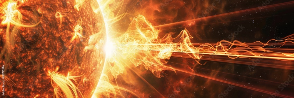 Poster powerful solar flare and plasma burst from the sun's surface. dynamic depiction of solar activity an