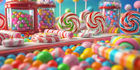 Candy Land Creative Haven: A desk covered in a colorful array of candy and sweet treats, surrounded by lollipops and gumball machines.