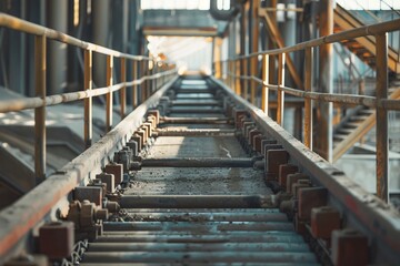 Close up shot of conveyor belt in concrete plant with rollers stairs and railings visible