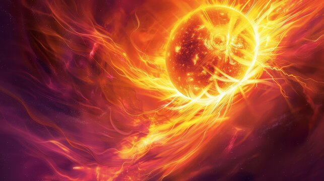 Fiery eruption on the sun's surface with intense solar flares and magnetic storms. A stunning depiction of solar energy and cosmic phenomena