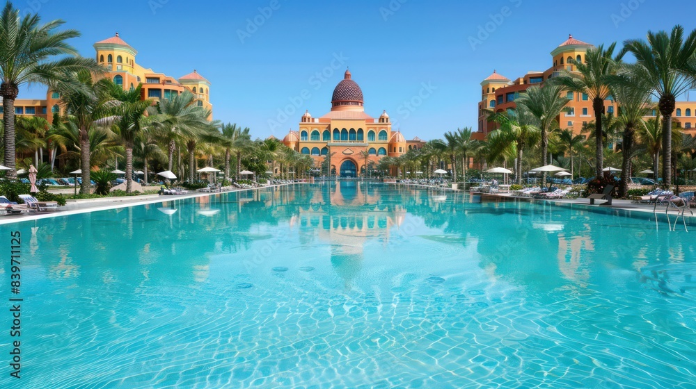 Wall mural opulent resort featuring a vast swimming pool flanked by palm trees under a clear blue sky, showcasi - Wall murals
