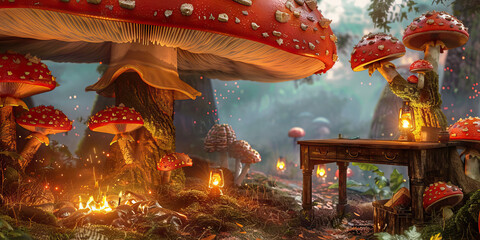 Mushroom Forest Hideaway: A rustic desk tucked away among a dense forest of mushrooms, with flickering lanterns and a warm campfire.